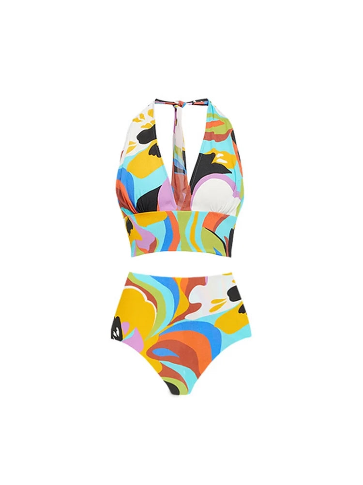 Deep V Halter Neck Print Sexy Swimsuit Set