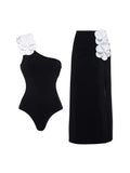 3D Floral One-Shoulder Black Swimsuit