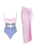 Morandi Pink Colorblock High-Waist Swimsuit Set