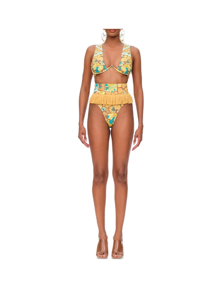 Boho Tassel Tribal Print Bikini Set