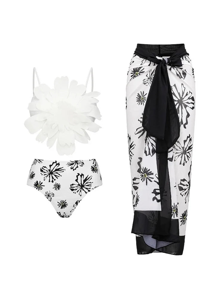 Floral Trim White Printed Bikini Set